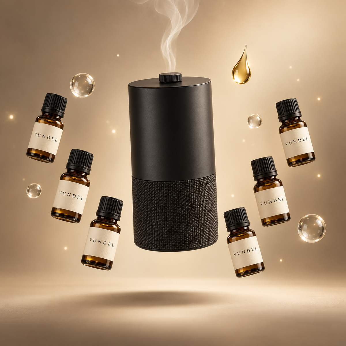 VUNDEL AuraStone diffuser with the six Signature scent bottles