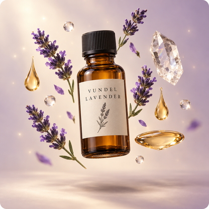 VUNDEL Lavender pure essential oil floating among lavender sprigs and oil droplets