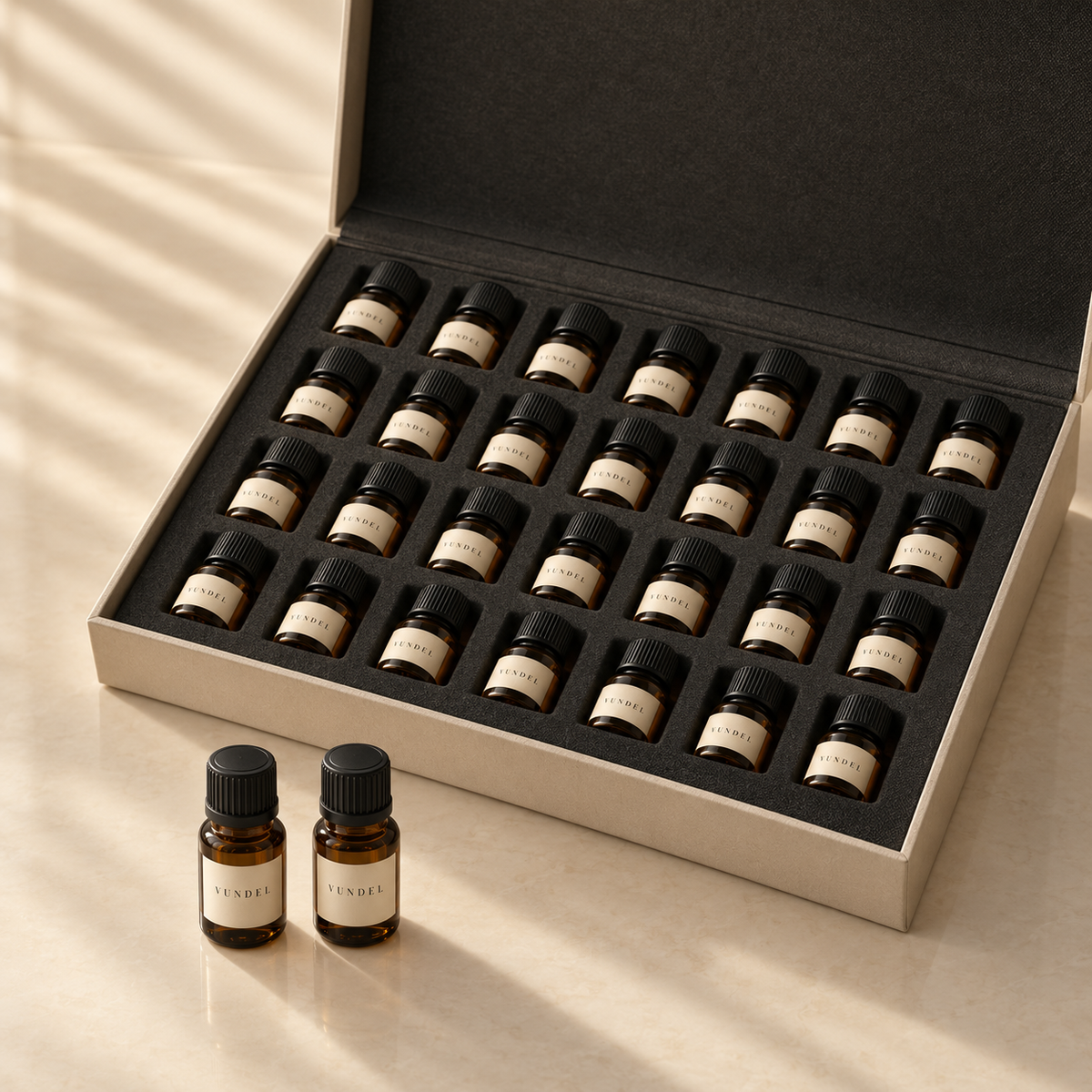VUNDEL blending library, thirty 5ml pure essential oils in a presentation case