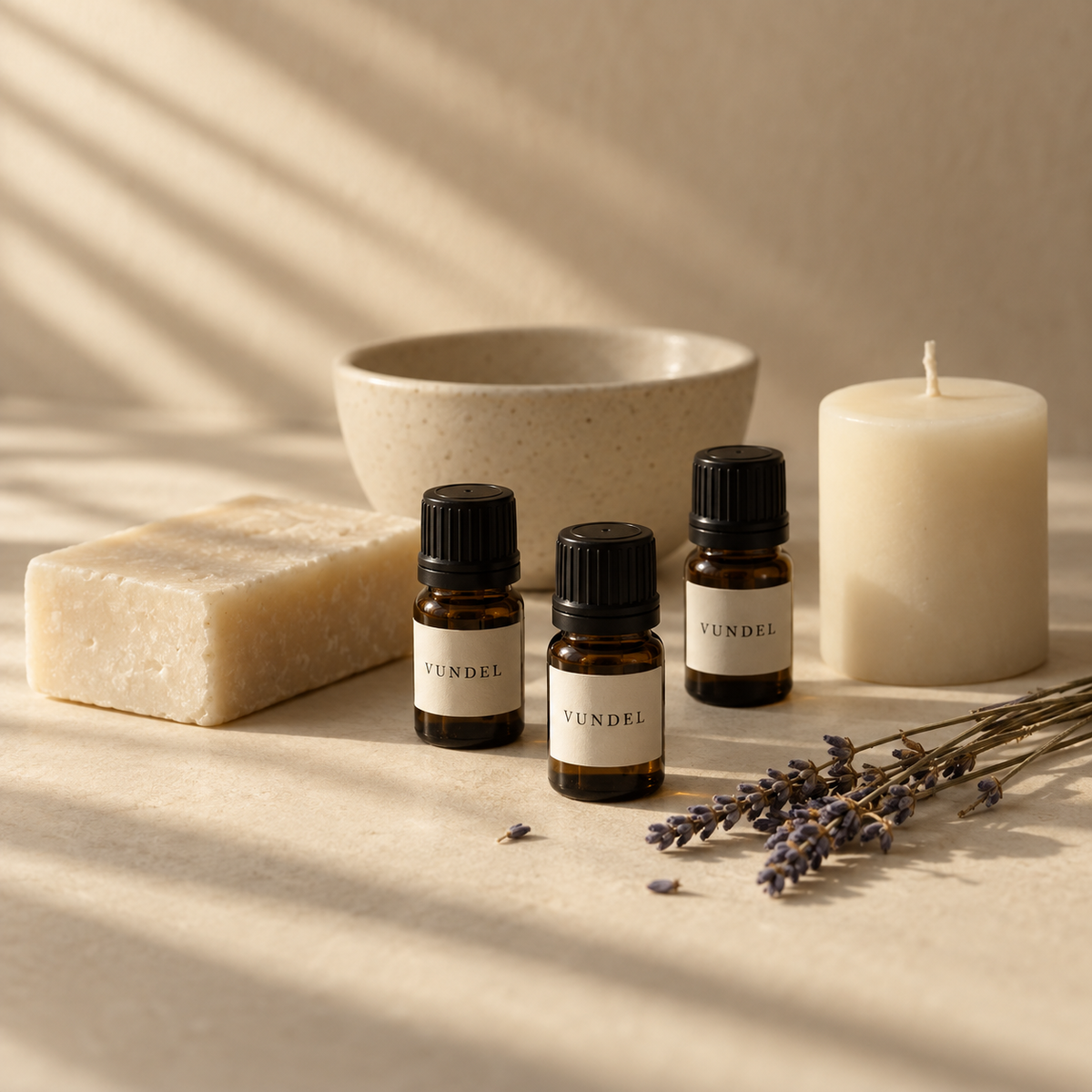 VUNDEL essential oils beside unscented soap, a candle and dried lavender